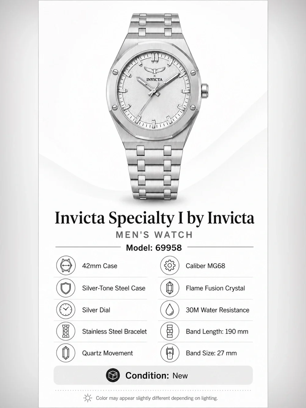 Invicta Specialty I 69958 Men’s 42mm Silver Quartz Stainless Watch NIB